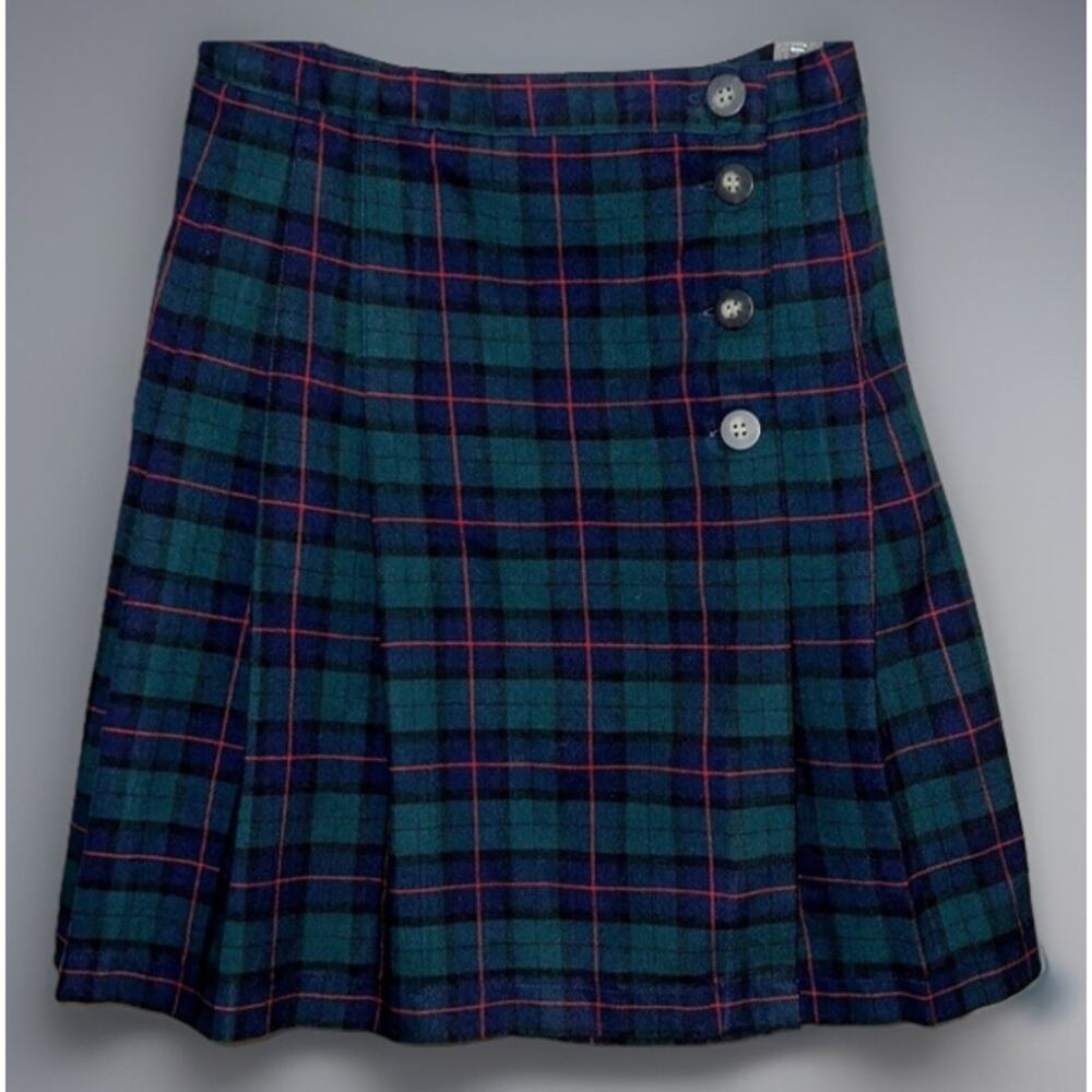 VTG White Stag Green Plaid Pleated Skirt Overlap Button Closure Preppy Sz 8
